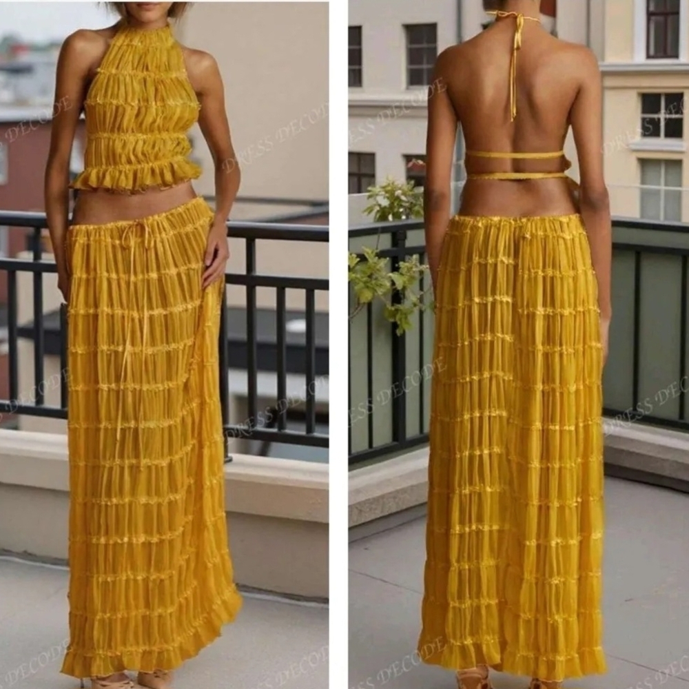 🔥Mustard Yellow Chiffon Halter Maxi Skirt Set